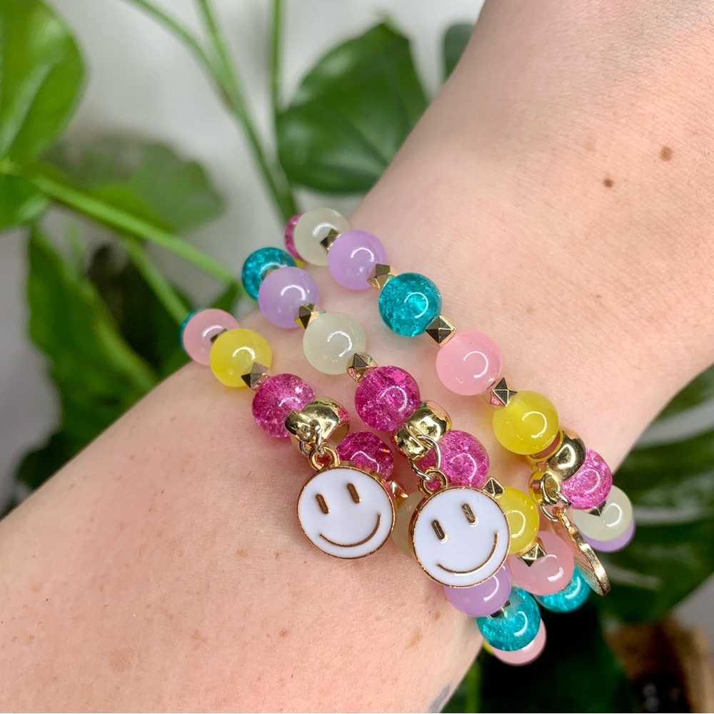3 X $20 | Happy Face Multicolor Charm Beaded Glass Bracelet